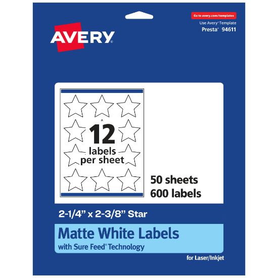 Picture of Avery Permanent Labels With Sure Feed, 94611-WMP50, Star, 2-1/4in x 2-3/8in, White, Pack Of 600