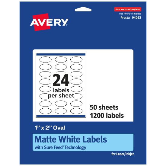 Picture of Avery Permanent Labels With Sure Feed, 94053-WMP50, Oval, 1in x 2in, White, Pack Of 1,200