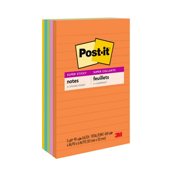 Picture of Post-it Super Sticky Notes, 4 in x 6 in, 5 Pads, 90 Sheets/Pad, Lined, 2x the Sticking Power, Back to School Supplies for Students, Sticky Notes for Textbooks and Notebooks, Energy Boost Collection