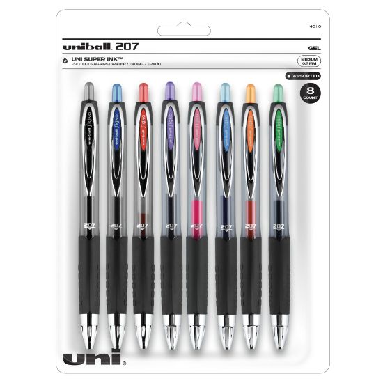 Picture of uni-ball 207 Retractable Fraud Prevention Gel Pens, Medium Point, 0.7 mm, Black Barrels, Assorted Ink Colors, Pack Of 8