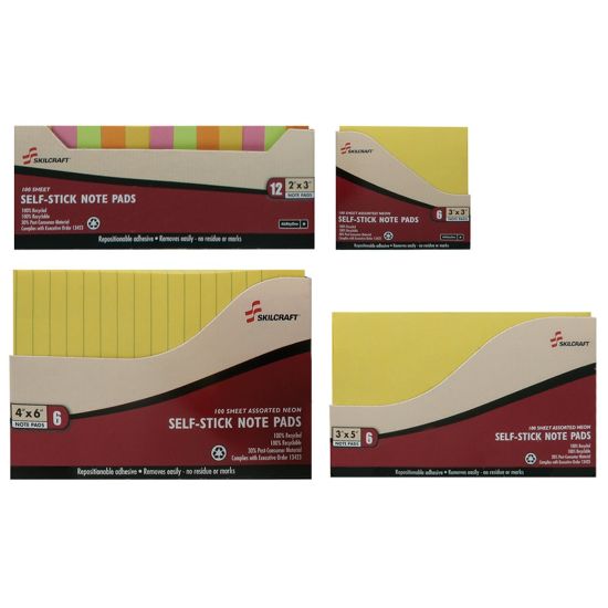 Picture of SKILCRAFT Self-Stick Note Pads, 600 Total Notes, Pack Of 6 Pads, 4in x 6in, Assorted Neon, 100 Notes Per Pad