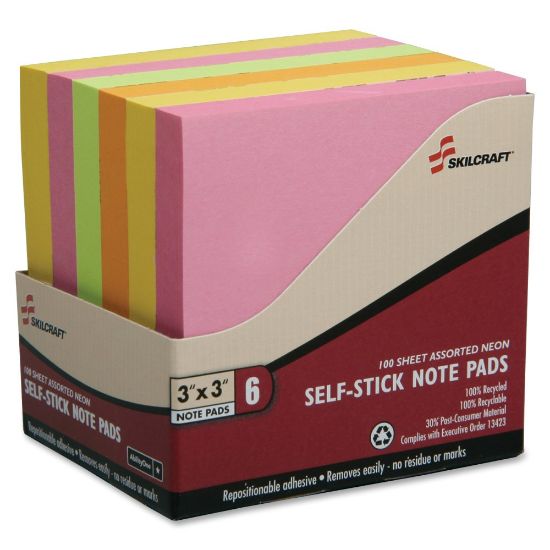 Picture of SKILCRAFT Self-Stick Note Pads, 600 Total Notes, Pack Of 6 Pads, 3in x 3in, Neon, 100 Notes Per Pad