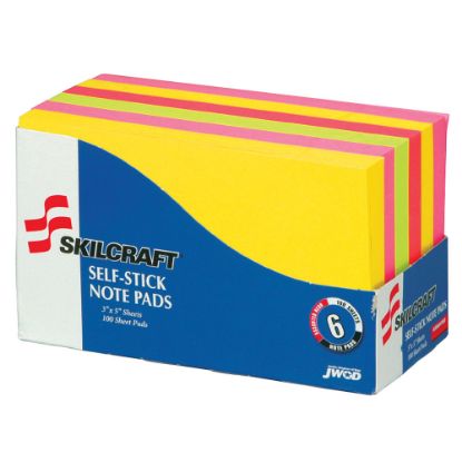 Picture of SKILCRAFT Self-Stick Note Pads, 600 Total Notes, Pack Of 6 Pads, 3in x 5in, Assorted Neon Colors, 100 Notes Per Pad (AbilityOne 7530-01-418-1420)