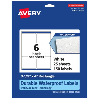 Picture of Avery Waterproof Permanent Labels With Sure Feed, 94215-WMF25, Rectangle, 3-1/3in x 4in, White, Pack Of 150