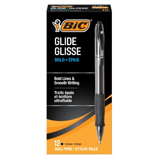 Picture of BIC Glide Bold Ballpoint Pens, Bold Point, 1.6 mm, Translucent Barrel, Black Ink, Pack Of 12 Pens