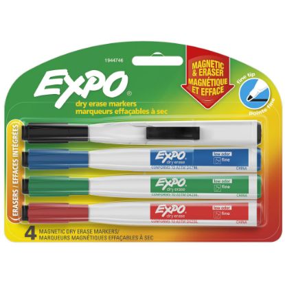 Picture of EXPO Magnetic Dry Erase Markers With Eraser, Fine Tip, Assorted Ink Colors, Pack Of 4