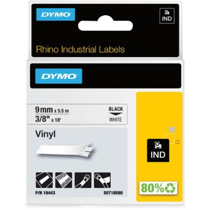 Picture of Dymo Rhino Industrial Vinyl Labels - 23/64in Width x 18 3/64 ft Length - Permanent Adhesive - Rectangle - Thermal Transfer - Black on White - Vinyl - 1 Each - Scratch Resistant, Oil Resistant