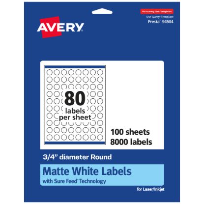 Picture of Avery Permanent Labels With Sure Feed, 94504-WMP100, Round, 3/4in Diameter, White, Pack Of 8,000