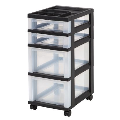 Picture of Iris Plastic 4-Drawer Rolling Storage Cart, 26 7/16inH x 12 1/8inW x 14 15/16inD, Clear/Black