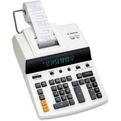 Picture of Canon CP1213DIII Desktop Printing Calculator - Dual Color Print - Dot Matrix - 4.8 lps - Ergonomic Design, Independent Memory, Item Count - 0.67in - 12 Digits - Fluorescent - AC Supply Powered - 6in x 11in x 17in - White - 1 Each