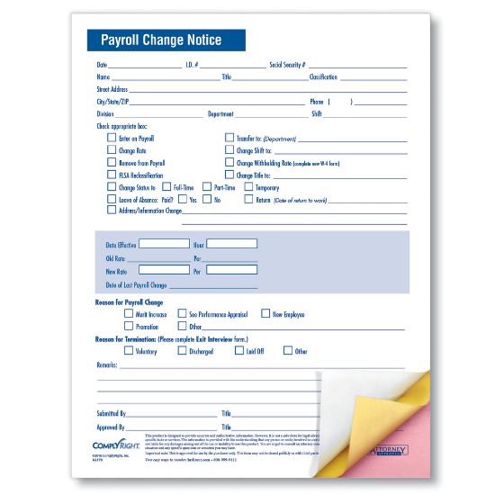 Picture of ComplyRight Payroll Change Notice Forms, 3-Part, 8 1/2in x 11in, White, Pack Of 50