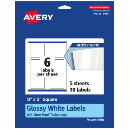 Picture of Avery Glossy Permanent Labels With Sure Feed, 94101-WGP5, Square, 3in x 3in, White, Pack Of 30