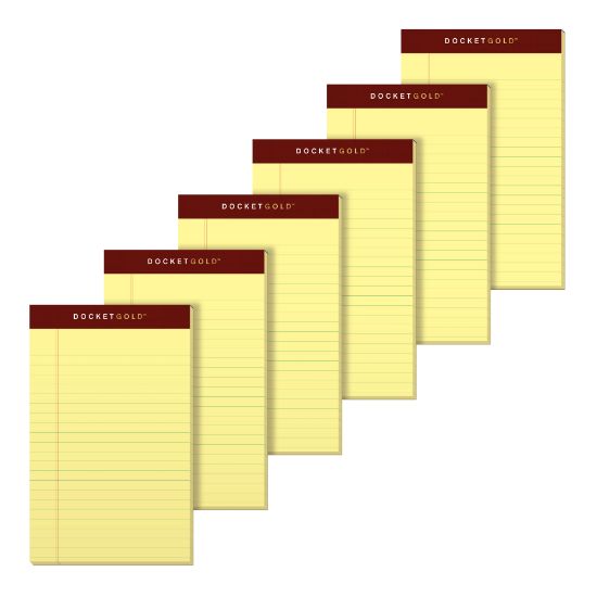 Picture of TOPS Docket Gold Premium Writing Pads, 5in x 8in, Jr. Legal Rule, Canary, 50 Sheets Per Pad, Pack Of 6 Pads