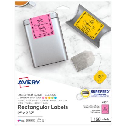 Picture of Avery Labels With Sure Feed Assorted Bright Colors, 4331, 2in x 2 5/8in, Pack Of 150