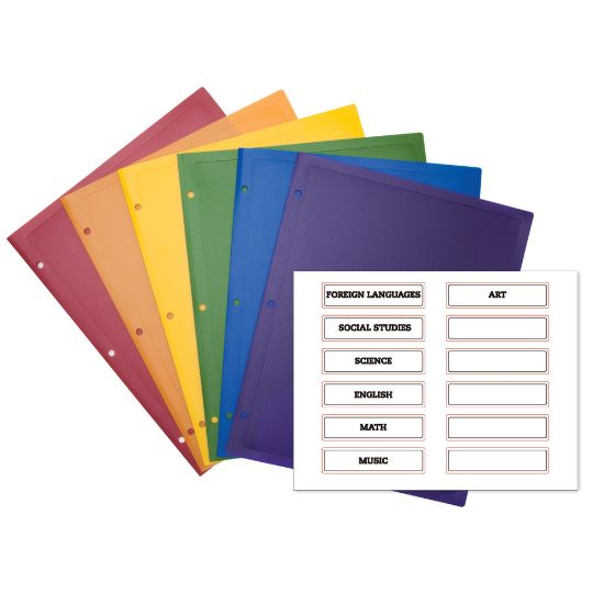 Picture of Office Depot Brand 2-Pocket Poly Portfolios With Subject Labels, Letter Size, Assorted Colors, Pack Of 6