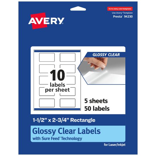 Picture of Avery Glossy Permanent Labels With Sure Feed, 94230-CGF5, Rectangle, 1-1/2in x 2-3/4in, Clear, Pack Of 50