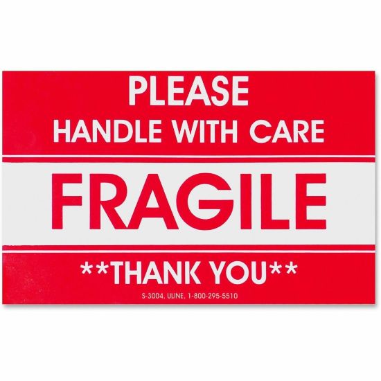 Picture of Tatco Fragile/Handle With Care Shipping Label, Rectangle, 3in x 5in, Red/White, Roll of 500