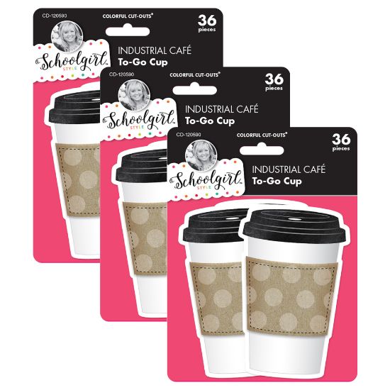 Picture of Carson Dellosa Education Cut-Outs, Schoolgirl Style Industrial Cafe To-Go Cup, 36 Cut-Outs Per Pack, Set Of 3 Packs