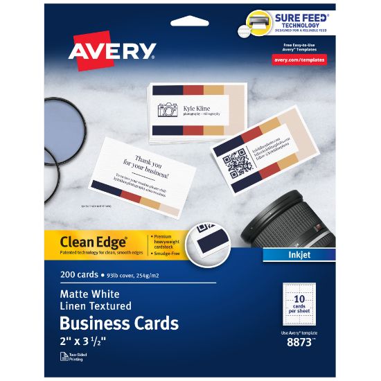 Picture of Avery Clean Edge Printable Business Cards With Sure Feed Technology For Inkjet Printers, 2in x 3-1/2in, White Linen Textured, Pack Of 200 Blank Cards