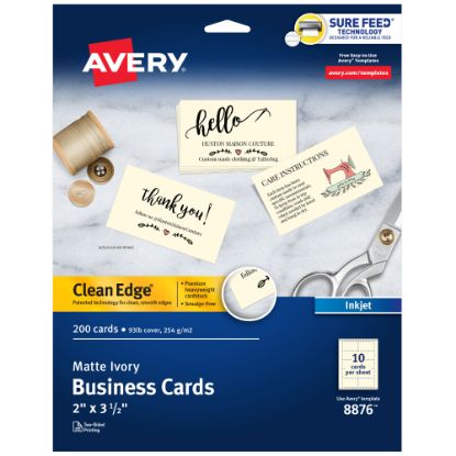 Picture of Avery Clean Edge Printable Business Cards With Sure Feed Technology For Inkjet Printers, 2in x 3.5in, Ivory, 200 Blank Cards