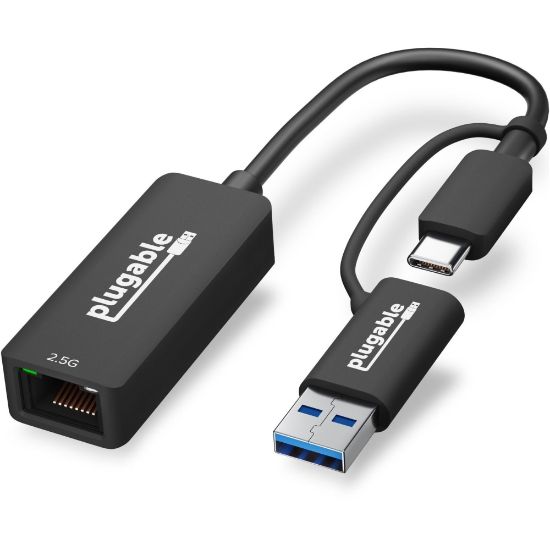 Picture of Plugable 2.5G USB C and USB to Ethernet Adapter - 2-in-1 Adapter - Compatible with USB-C Thunderbolt 3 or USB 3.0, USB-C to RJ45 2.5 Gigabit LAN Ethernet, Compatible with Mac and Windows