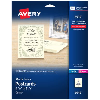 Picture of Avery Printable Postcards, 4.25in x 5.5in, Ivory, 100 Blank Postcards For Laser And Inkjet Printers