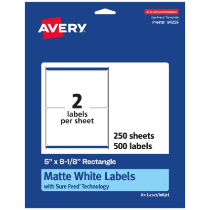 Picture of Avery Permanent Labels With Sure Feed, 94259-WMP250, Rectangle, 5in x 8-1/8in, White, Pack Of 500