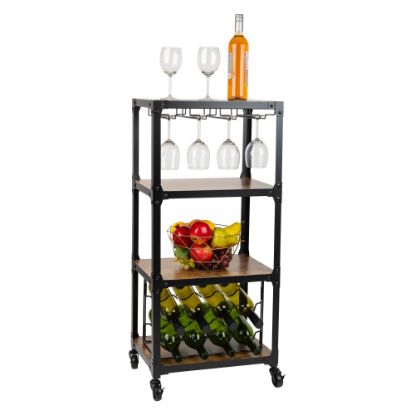 Picture of Mind Reader Woodland Collection Rolling 4-Tier Cart with Stemware Rack and Wine Rack, 39in H x 12in W x 17-357/20in D, MFD and Metal, Black