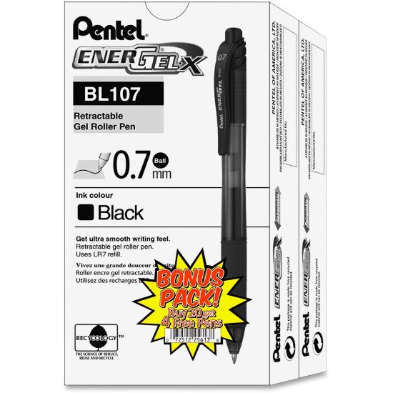 Picture of Pentel EnerGel-X Retractable Gel Pens, Pack Of 24, Medium Point, 0.7 mm, Black Barrel, Black Ink