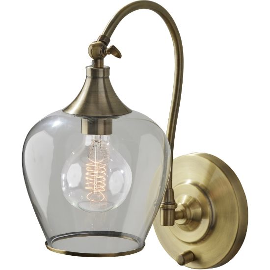 Picture of Adesso Bradford Wall Lamp, 13inH x 7-1/4inW, Clear Shade/Antique Brass Base