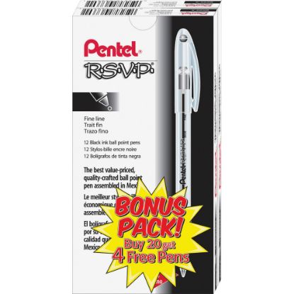 Picture of Pentel R.S.V.P. Ballpoint Stick Pens - Fine Pen Point - Refillable - Black - Clear Barrel - Stainless Steel Tip - 24 / Pack