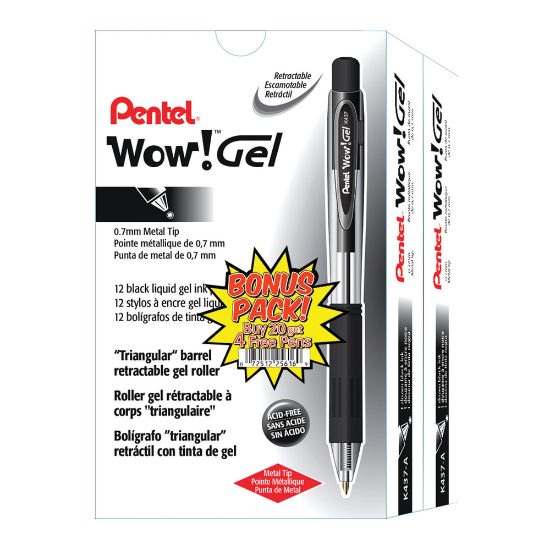 Picture of Wow! Retractable Gel Pens, Medium Point, 0.7 mm, Assorted Barrels, Black Ink, Pack Of 24