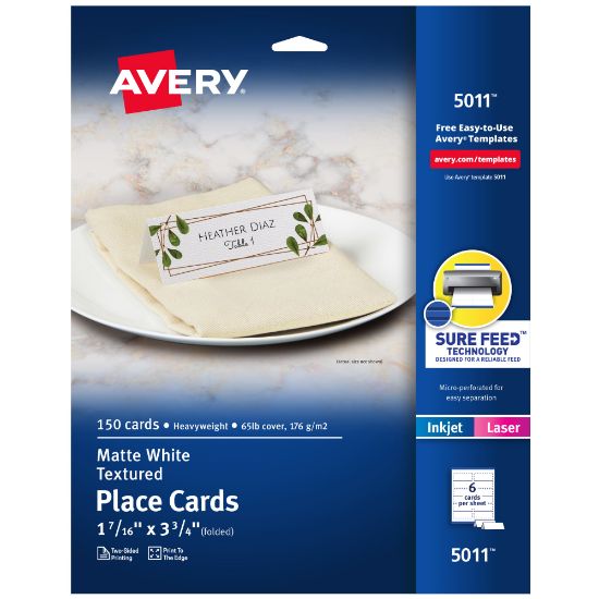 Picture of Avery Printable Place Cards With Sure Feed Technology, 1-7/16in x 3-3/4in, Textured White, Pack Of 150