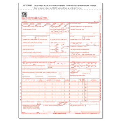 Picture of ComplyRight CMS-1500 Health Insurance Claim Form (02/12), 2-Part, 9in x 11in, White/Canary, Pack of 500