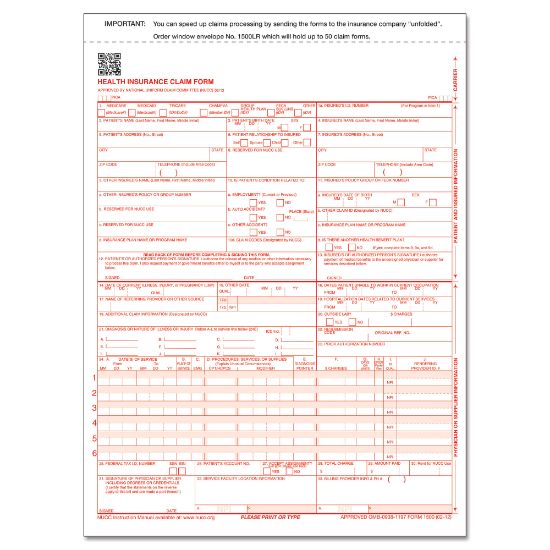 Picture of ComplyRight CMS-1500 Health Insurance Claim Form (02/12), 2-Part, 9in x 11in, White/Canary, Pack of 500