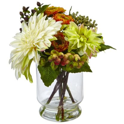 Picture of Nearly Natural Mixed Dahlia And Mum 10-1/2inH Plastic Floral Arrangement With Glass Vase, 10-1/2inH x 9-1/2inW x 7-1/2inD, White/Orange