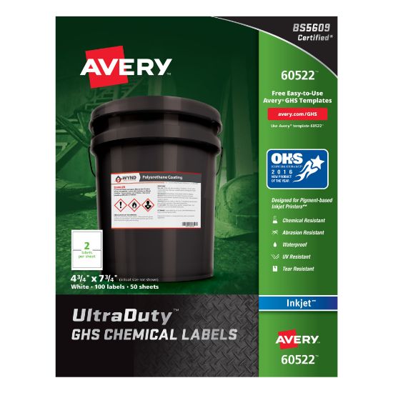 Picture of Avery UltraDuty GHS Chemical Labels For Pigment-Based Inkjet Printers, 60522, 4 3/4in x 7 3/4in, White, Pack Of 100