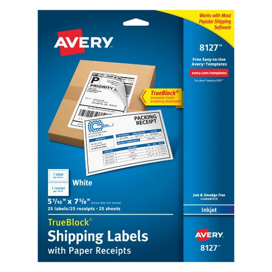 Picture of Avery TrueBlock Permanent Inkjet Shipping Labels, With Paper Receipts, 8127, 5 1/16in x 7 5/8in, White, Pack Of 25