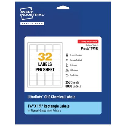 Picture of Avery Ultra Duty Permanent GHS Chemical Labels, 97183-WMUI250, Rectangle, 1-1/4in x 1-3/4in, White, Pack Of 8,000