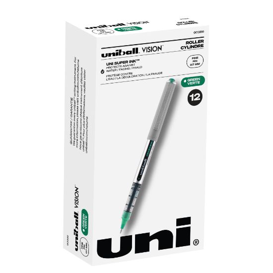 Picture of uniball Vision Rollerball Pens, Pack Of 12, Fine Point, 0.7 mm, Silver Barrel, Green Ink