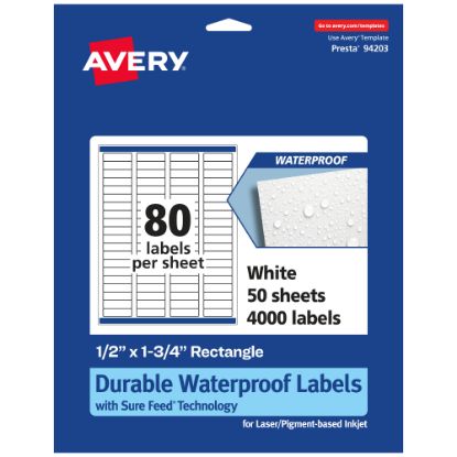 Picture of Avery Waterproof Permanent Labels With Sure Feed, 94203-WMF50, Rectangle, 1/2in x 1-3/4in, White, Pack Of 4,000