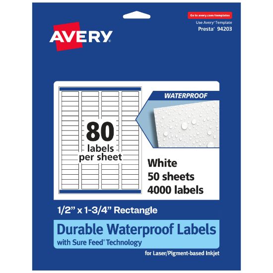 Picture of Avery Waterproof Permanent Labels With Sure Feed, 94203-WMF50, Rectangle, 1/2in x 1-3/4in, White, Pack Of 4,000