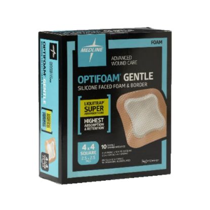 Picture of Medline Optifoam Gentle Silicone-Faced Foam & Border With Liquitrap Core Dressings, 4in x 4in, Natural, Box Of 10