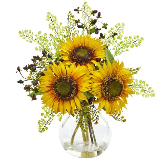 Picture of Nearly Natural Sunflower 16inH Artificial Floral Arrangement With Vase, 16inH x 15inW x 10inD, Yellow