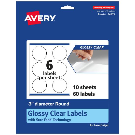 Picture of Avery Glossy Permanent Labels With Sure Feed, 94513-CGF10, Round, 3in Diameter, Clear, Pack Of 60