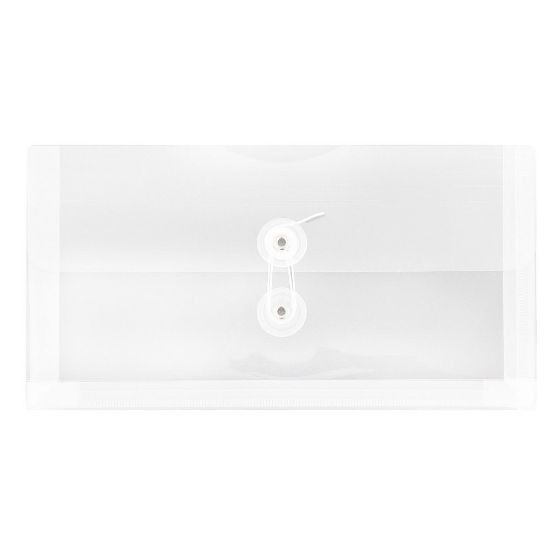 Picture of JAM Paper Booklet Plastic Envelopes, #10, Button & String Closure, Clear, Pack Of 12