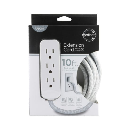 Picture of Cordinate Surge 3-Outlet 16 AWG Extension Cord, 10ft, Gray/White, 37914