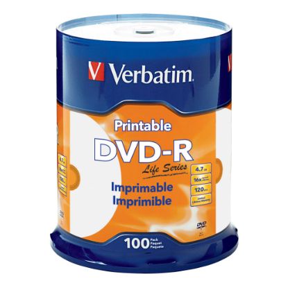 Picture of Verbatim DVD-R 4.7GB 16X Life Series White Inkjet Printable, Hub Printable - 100pk Spindle