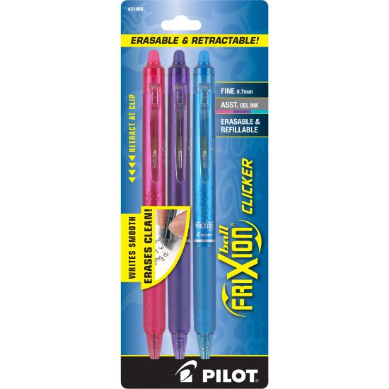 Picture of Pilot FriXion Ball Clicker Erasable Retractable Gel Pens, Pack of 3, Fine Point, 0.7 mm, Bright Assorted Barrels, Assorted Ink Colors