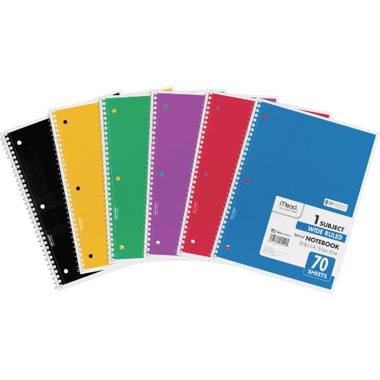 Picture of Mead Spiral Notebook, 8in x 10 1/2in, 1 Subject, Wide Ruled, 70 Sheets, Assorted Colors